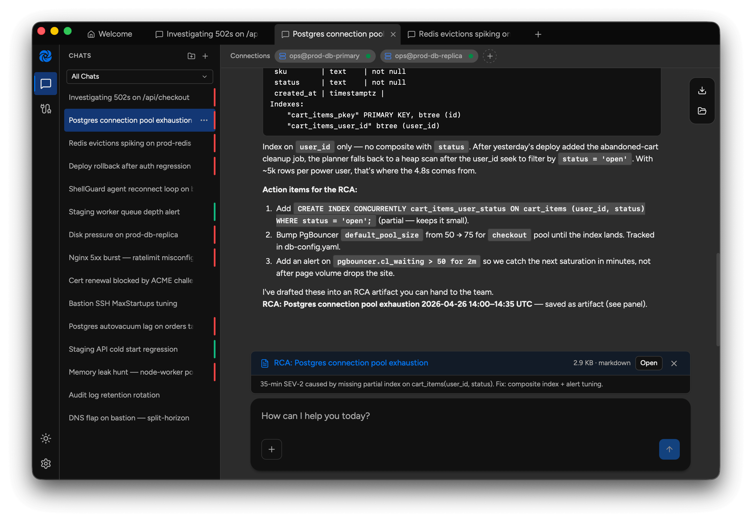 Fawdy product interface showing an incident investigation chat with a drafted RCA artifact